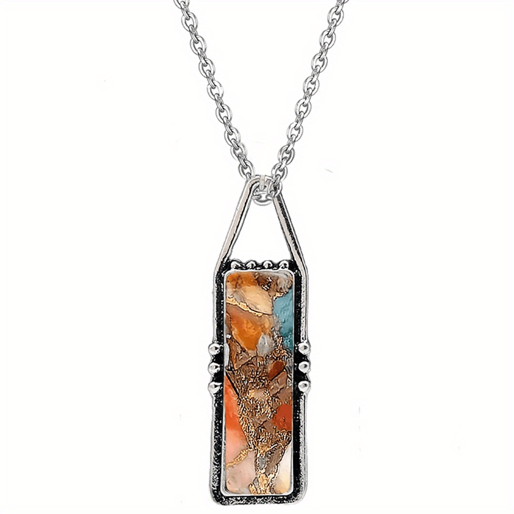 TEMU Retro Bohemian Geometric Pendant Necklace - Alloy & Resin Jewelry With Marbled , Everyday To Party Wear, Valentine's Day Gift For Women