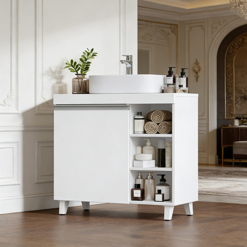 Bathroom Vanity Sink Cabinet, Bathroom Cabinet With 1 Door & 3 Open Compartments, Under-sink Cabinet With Adjustable Shelves, Freestanding Bathroom Base Cabinet, 30 X 70 X 64cm, White