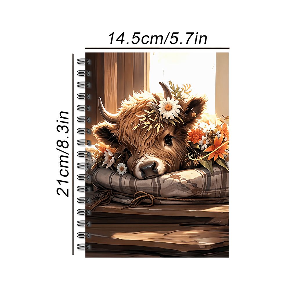 TEMU 1pc, Cute Highland Cow Theme, Spiral Notebook, Adorable Fluffy Calf With Floral Crown And Orange Flowers Resting On Cushion, 14.5cm X 5.7in X