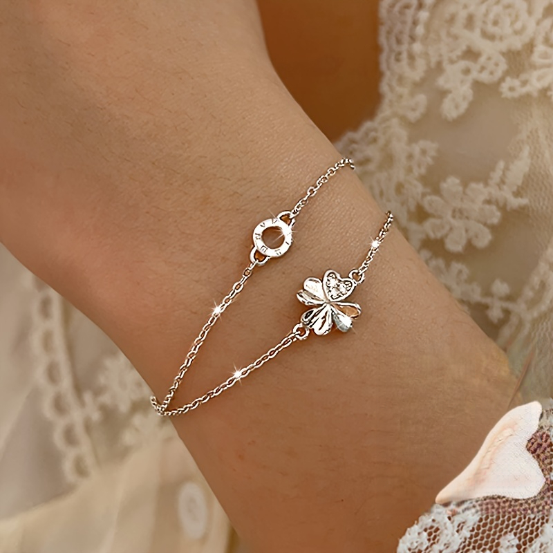 TEMU 1pc 925 Silver Plated Women's Clover Double-layer Hoop Bracelet, Clover, Suitable For Daily Wear, The Perfect Thanksgiving Gift For Girlfriend,
