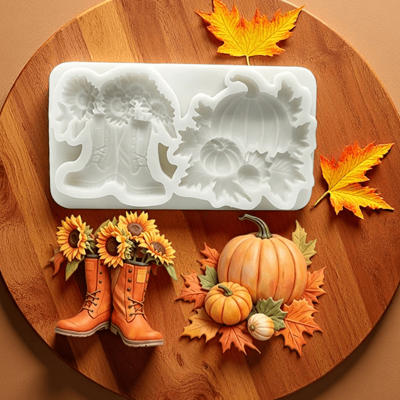 TEMU 1pc Theme Pumpkin Maple Leaf Sunflower Boot-shaped Clay Silicone Mold, 2-cavity Thanksgiving -grade Decoration Mold, , Easy To Demold, Reusable,