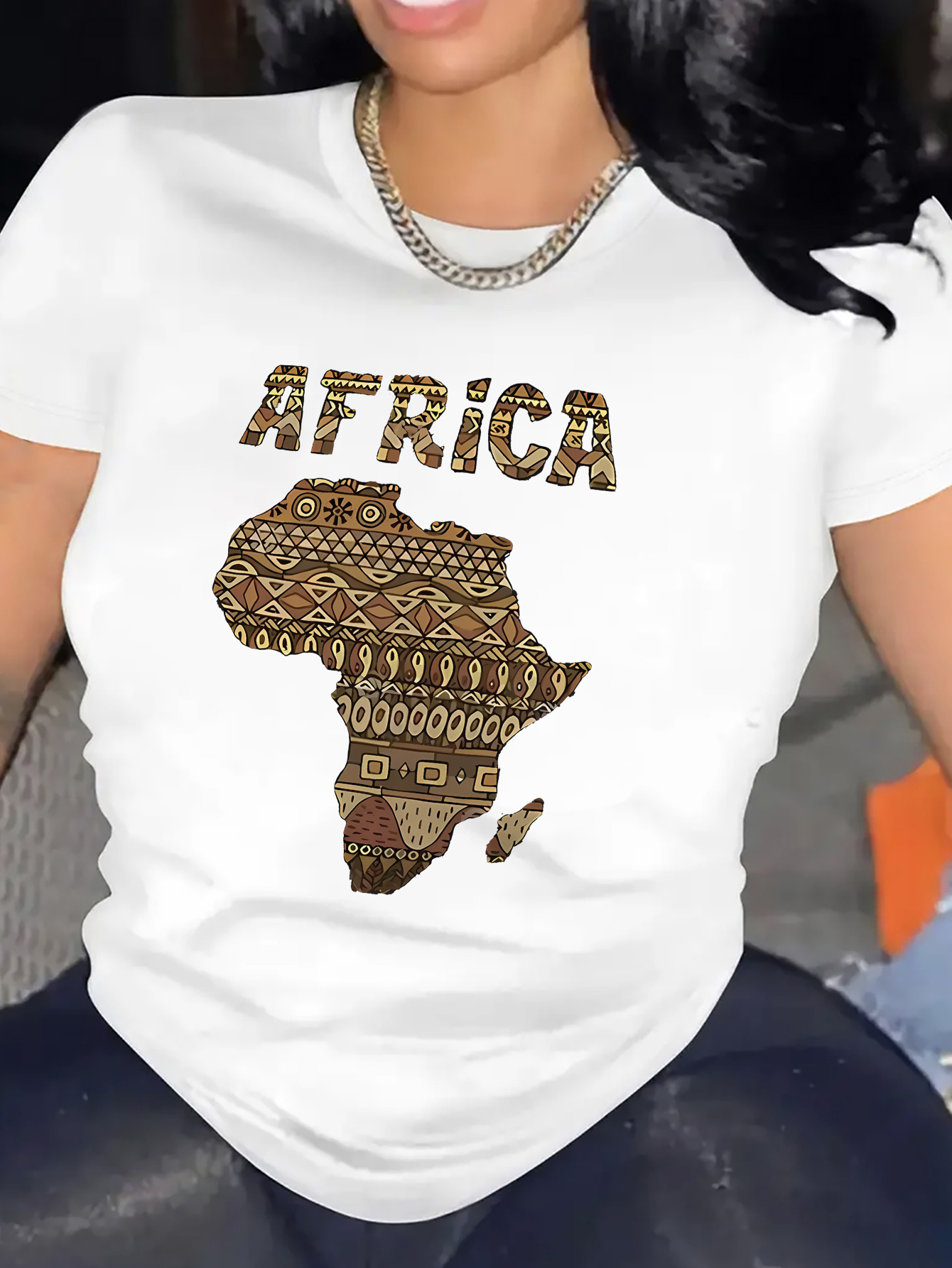womens african print t shirt black short sleeve round neck Temu