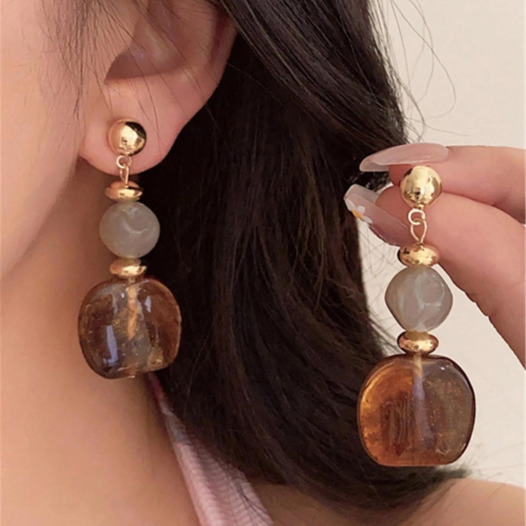 TEMU 2pcs Exquisite Geometric Dark Brown Beaded Glossy Shape, Women's Fashion Drop Earrings, Elegant Niche Retro , Suitable For Daily, Party, Banquet