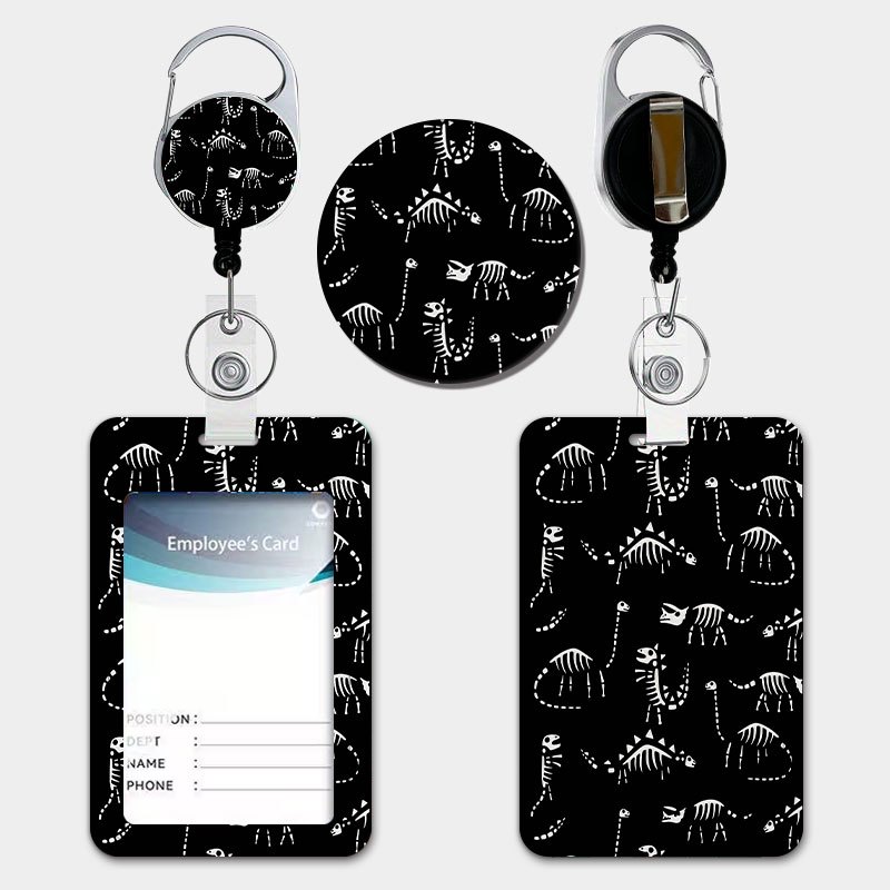 TEMU Dinosaur Skeleton Pattern Cartoon-style Creative Women's Id Holder Set, Featuring A Pull-tab Retractable Lanyard And Keychain. Durable Plastic