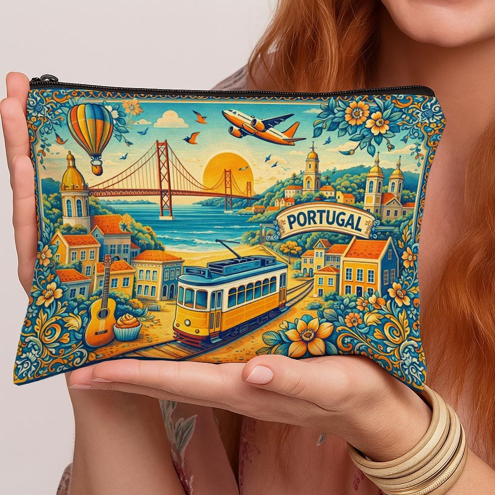 TEMU 1 pz. Beauty Case da Viaggio a Tema Portoghese, a Donne e Ragazze - Organizer Vintage Lisbona Porto per Cosmetici, Beauty Case con Chiusura a