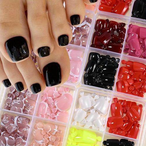 item picture 96pcs white flower french solid colors design toe nails 4 styles acrylic toenail tips full cover toe nails false nails