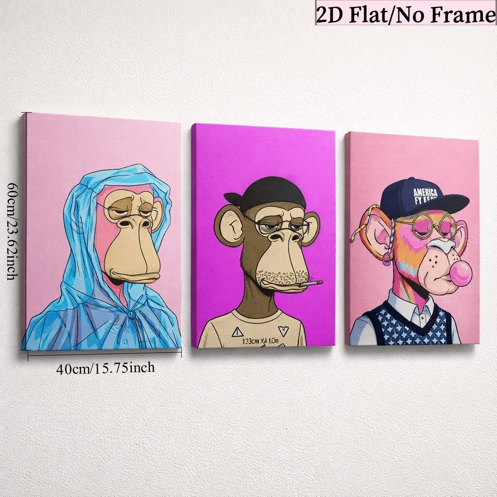 TEMU 2D-Flach, 3-teiliges Wandbild, , – Moderne Dopamin-Pop-Art, geeignet für Zuhause, Büro, Wohnheim-Dekor – Affen-Themen-Geschenk für -, vertikale