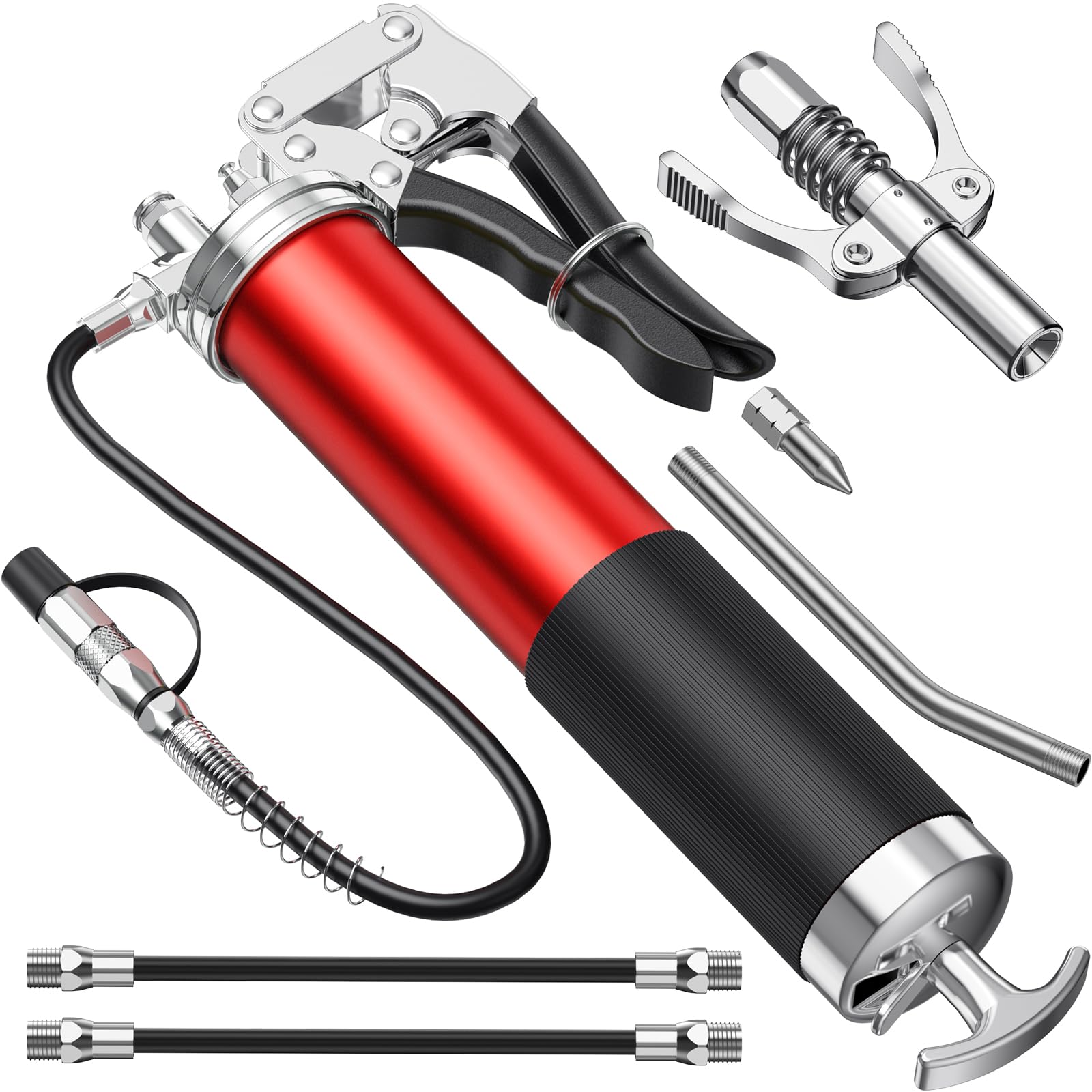 Grease Gun Heavy-duty Industrial, Professional-grade Lubrication Tool Coupler, 5 Nozzles, Spring Hose, Metal Tube & Adapters For Tractors, Vehicles, Machinery, Marine Equipment Maintenance