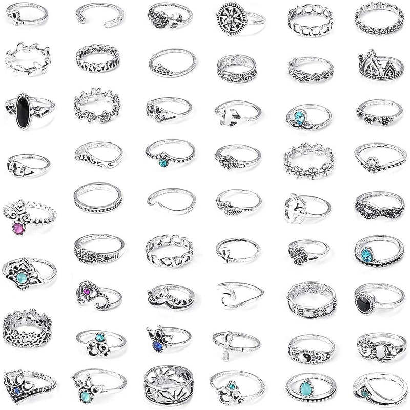Image of 53pcs Teenager Stackable Rings Set Bohemian Retro Adjustable Knuckle Midi Rings Art Deco Jewelry Set For Daily Use And Layering, For Teenager, For Teenager