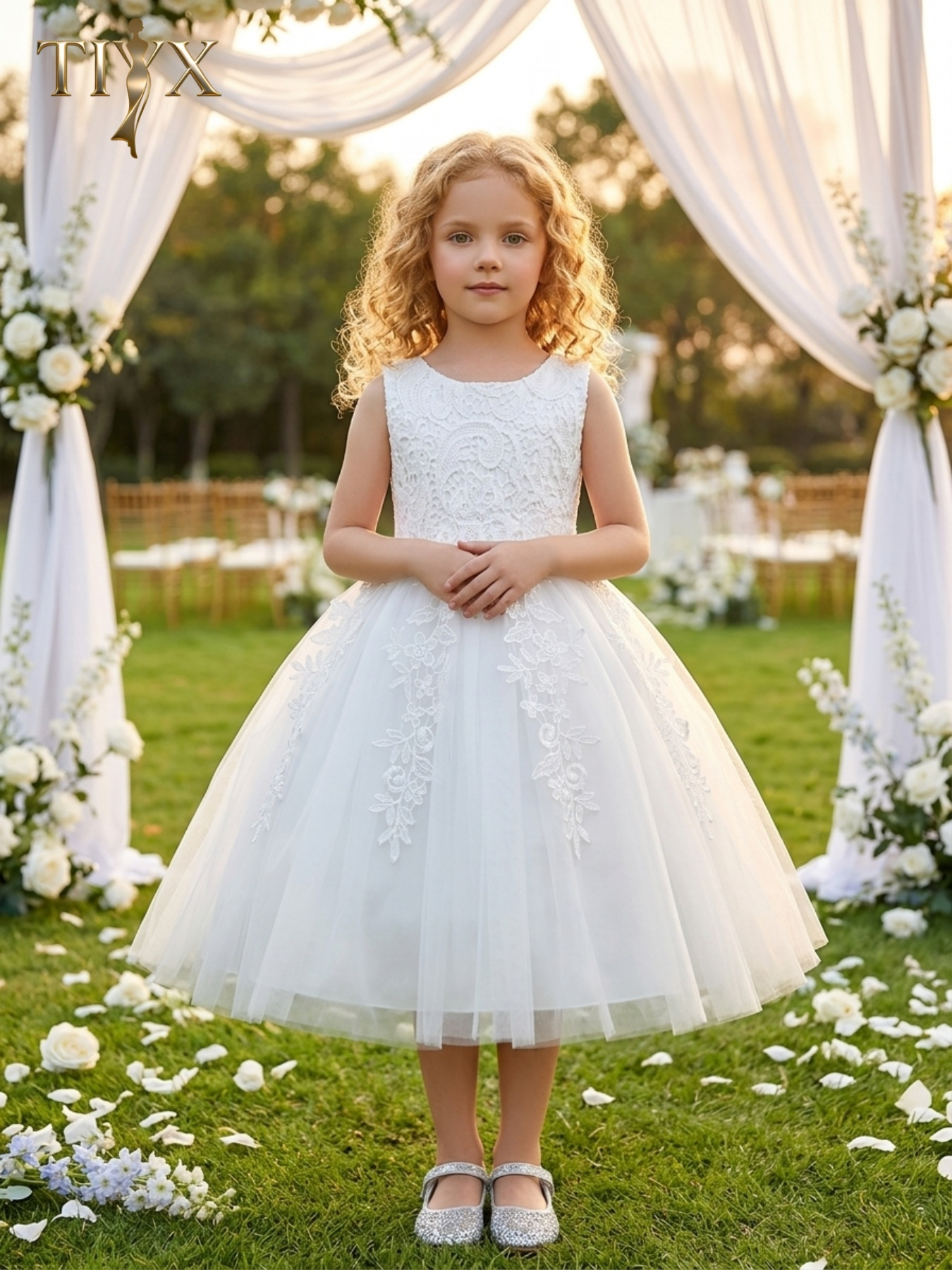 open lace back dress Elegant White Flower Girl Dresses Luxury Beading Puff Sleeve J092 Ivory / 14(160CM) main image 0