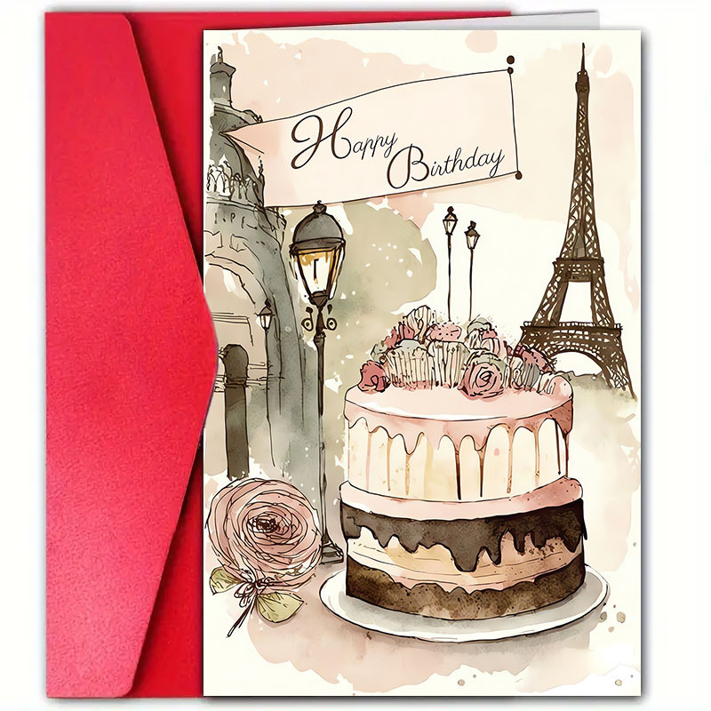 

1 carte de vœux d'anniversaire d'inspiration française avec enveloppe, design de Eiffel , de qualité, vœux d'anniversaire universels pour n'importe qui, carte d' spéciale avec de gâteau