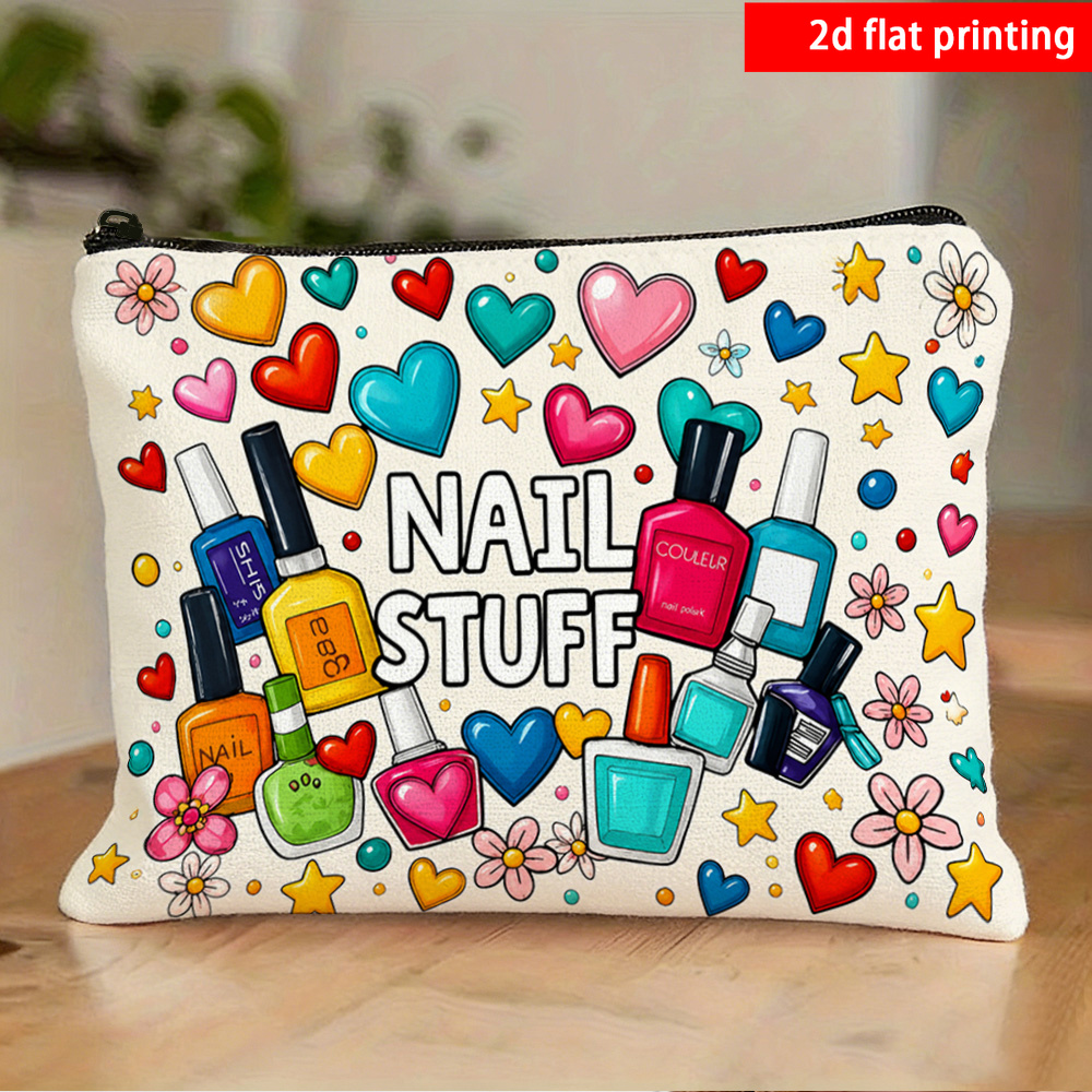 TEMU 2d Flat Printing, 1pc Nail-stuff Nail Art Supplies Storage Pouch, Heart And Flower Print Nail Tool Zippered Portable Small Bag, Suitable For
