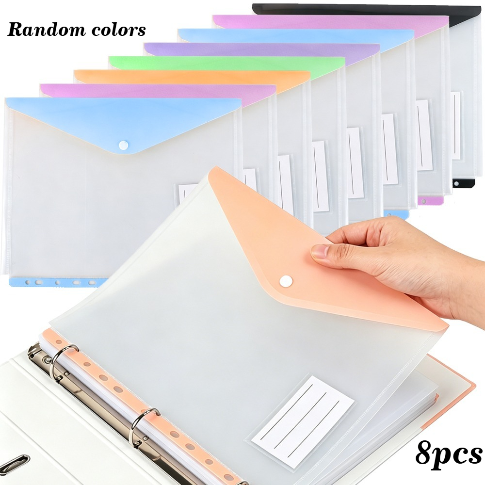 TEMU 8 Pack Expandable A4 11-hole Plastic Document Bags, Transparent Binder Pockets With Labels, Fit 2, 3, 4-ring Binders For Multi- Use, Random