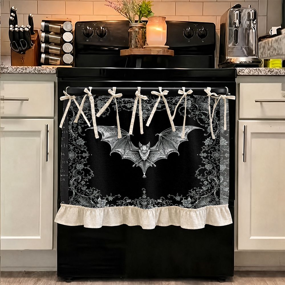 TEMU Rideau décoratif multifonctionnel à motif de chauve-souris gothique 2D, convient comme jupe de cuisine, rideau de four, décoration de fenêtre de