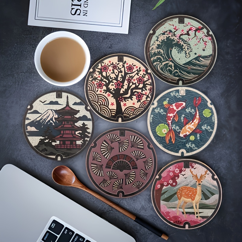 TEMU 6 Pezzi Set di Sottobicchieri a Tema Giapponese, Sottobicchieri in Legno, Tappetini per Tazze da Caff癡, Accessori Decorativi per Casa e , Adatti