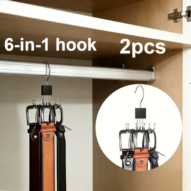 6-in-1 Rotating Hook: Wardrobe Belt Organizer Hanger - Door Hanger - Multi-functional Wardrobe Belt Hook For Ties, Scarves, And Bags, 2-pack