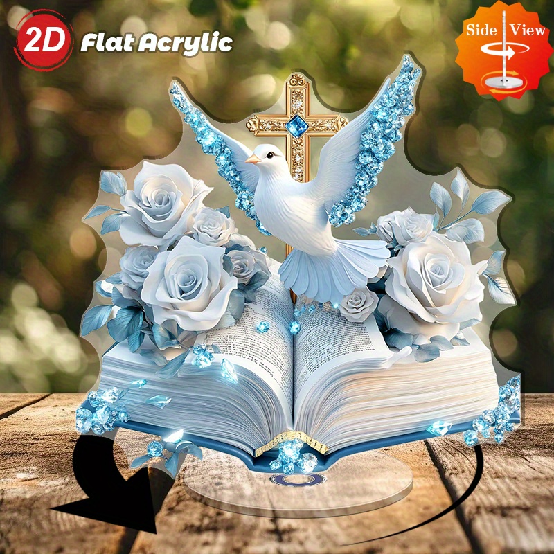TEMU 2d Flat - 1pc 2d Rotating Acrylic Desktop Decoration - Golden Cross And Rose , Open Bible Design For Spiritual Reflection, Atmosphere,