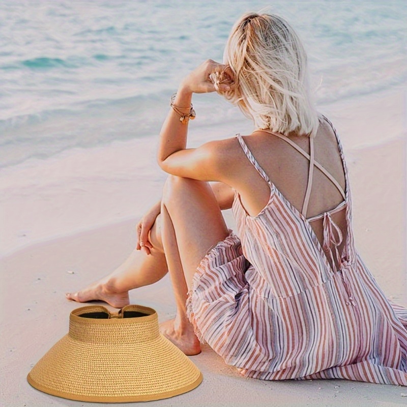 Straw Sun Hat Wide Brim Foldable Ponytail Hole Travel Beach Sun Beach Hats for Women with Ponytail Hole Straw Summer  main image 4