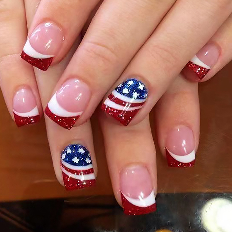 48pcs Short Square Press On Nails American Flag Glitter French Tip Fake Nails Patriotic Acrylic False Nail Tips With Adhesive Tabs For Women Day Celebration
