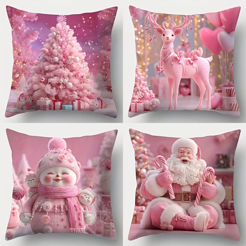 TEMU 4pcs Set Of 2d Flat-printed Pillowcases Featuring Pink Christmas Tree, Reindeer, Snowman, And Santa Claus Themes. Pink And White Colors In A