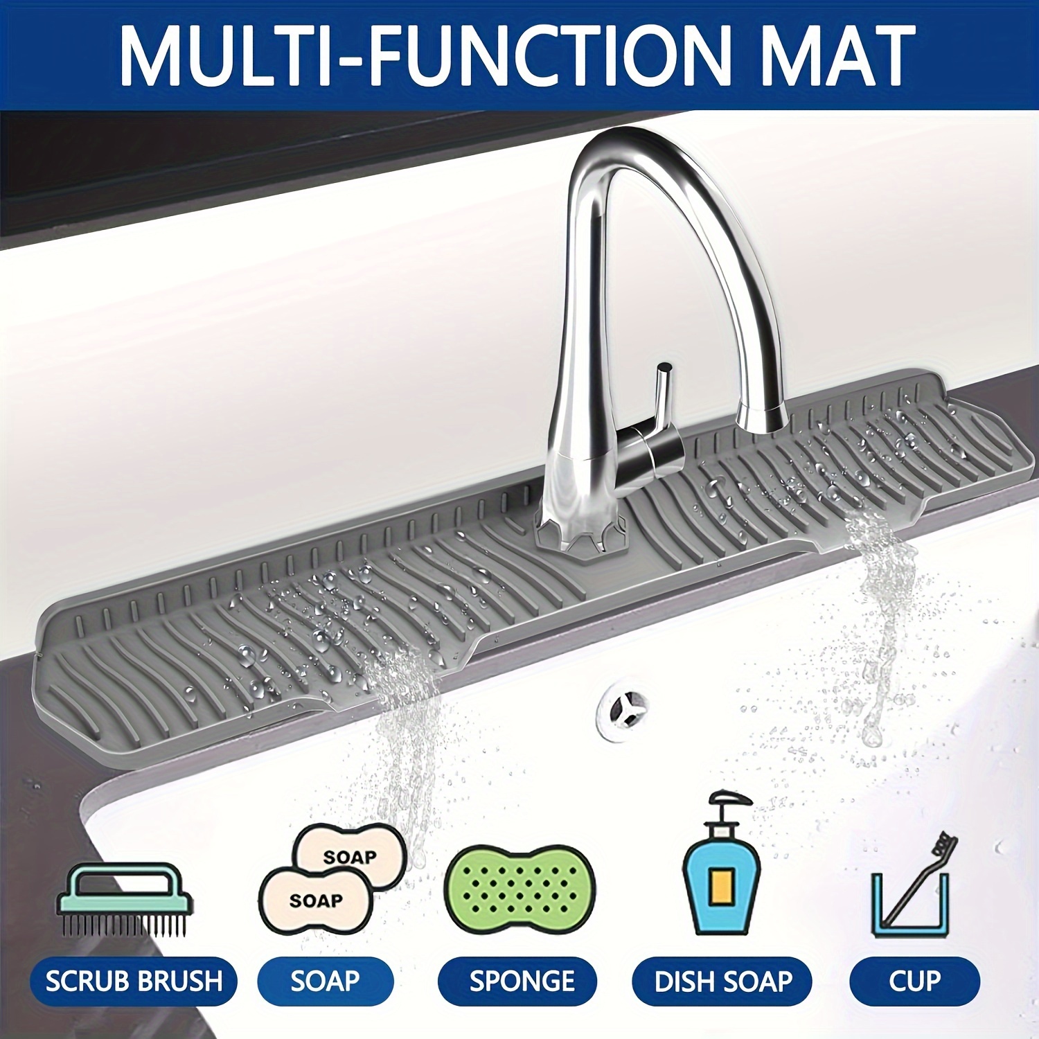 TEMU Xhsgx 1pc Upgraded 76.2cm Silicone Sink Splash Guard Non-slip Kitchen Bathroom Baffle Reusable Countertop Protector With Drainage