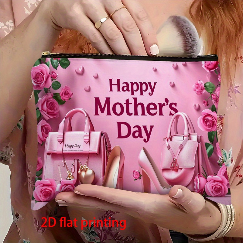 TEMU 1pc 2d Flat, Happy Cosmetic Bag- Pink With "happy " Text, Lightweight And Portable Cosmetic Bag For Travel And Daily Use