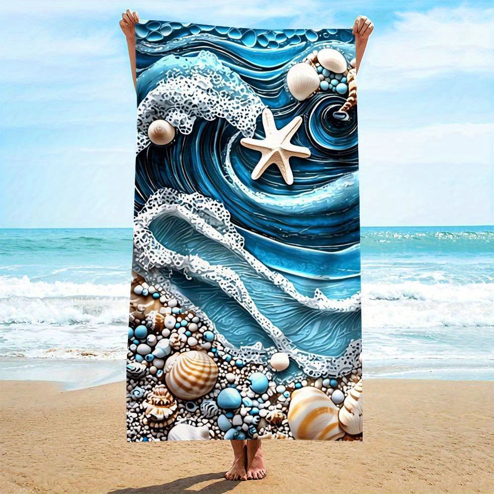 E-shop 1 Stück, Mikrofaser-Strandtuch mit Meereswellen-, Muschel- Seesternmuster, schnelltrocknende Mikrofaser, robustes, umwickelndes Design, geeignet