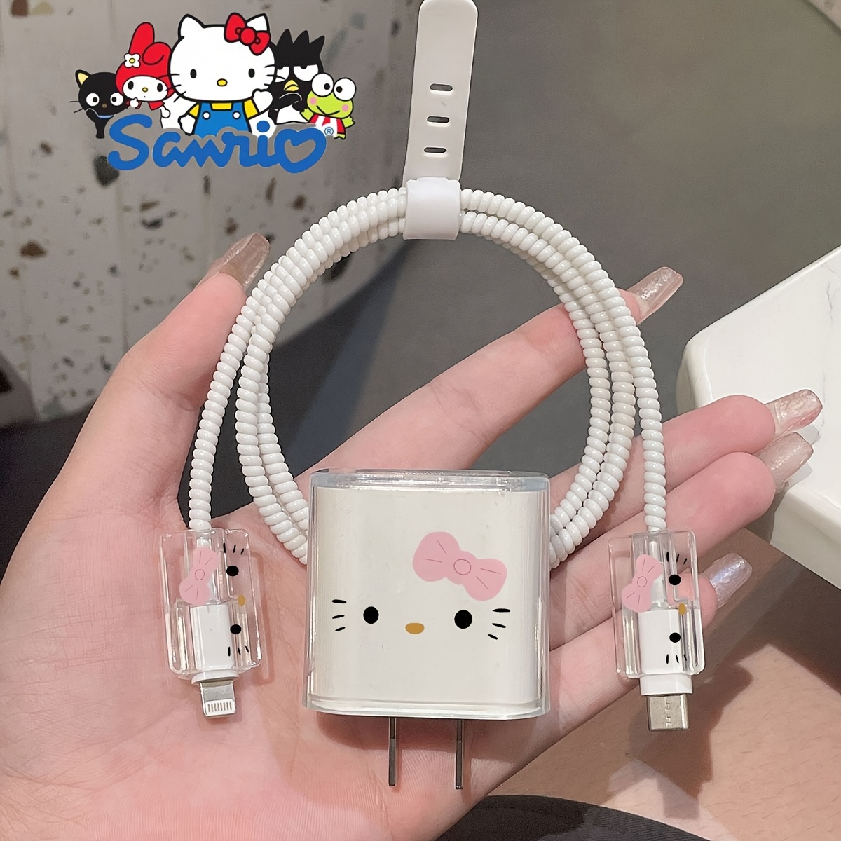 E-shop Sanrio Hello Kitty Pink Ladegerät- und Datenkabel-Schutzhülle, verschleißfeste und faltfeste Schutzhülle, geeignet für 20W USB-C Adapter