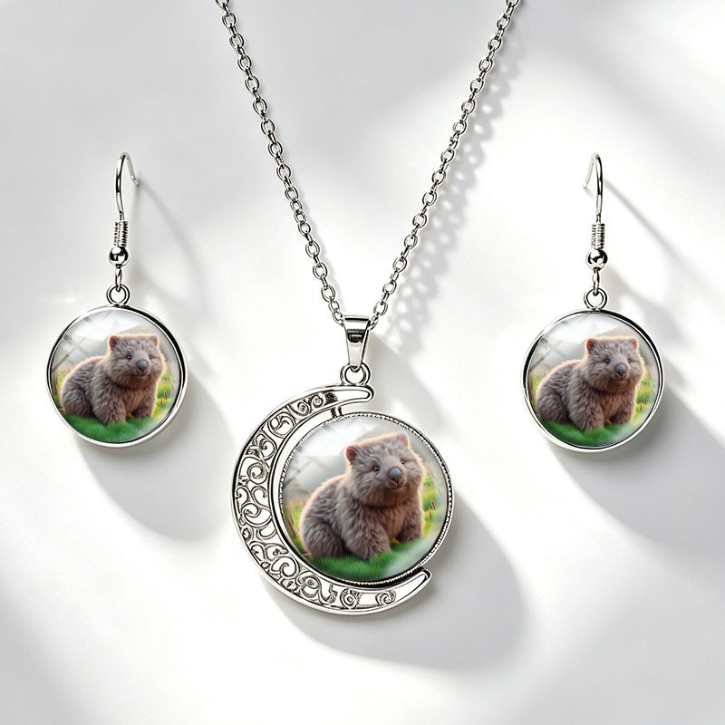 TEMU 3pcs Wombat In Necklace Earring Set Moon Necklaces Round Dangle Earrings Glass Dome Unisex Jewelry