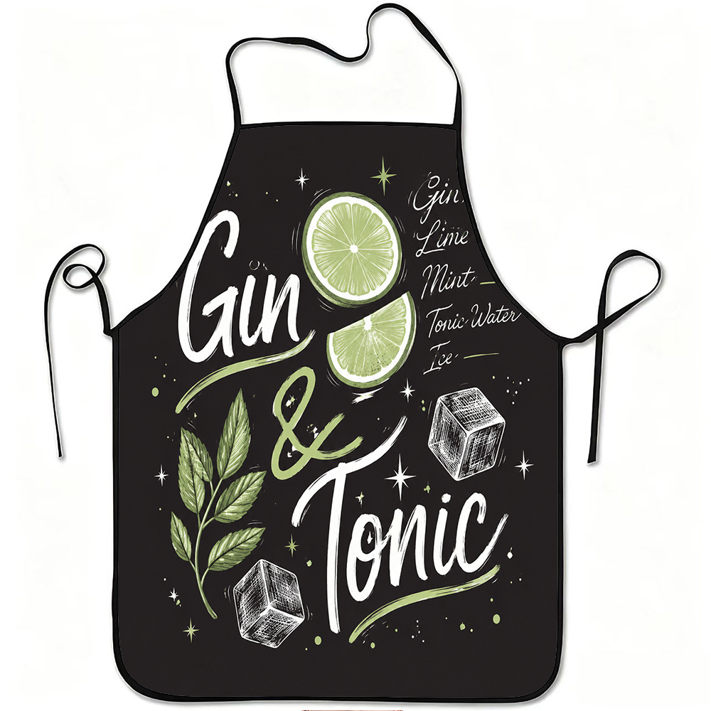 TEMU Grembiule Gin & Tonic 1 pz con Stampa a Tema Gin e Motivi di Guarnizione - Cintura Regolabile, Copertura Adatta per Barman, Cucina, BBQ, Feste,