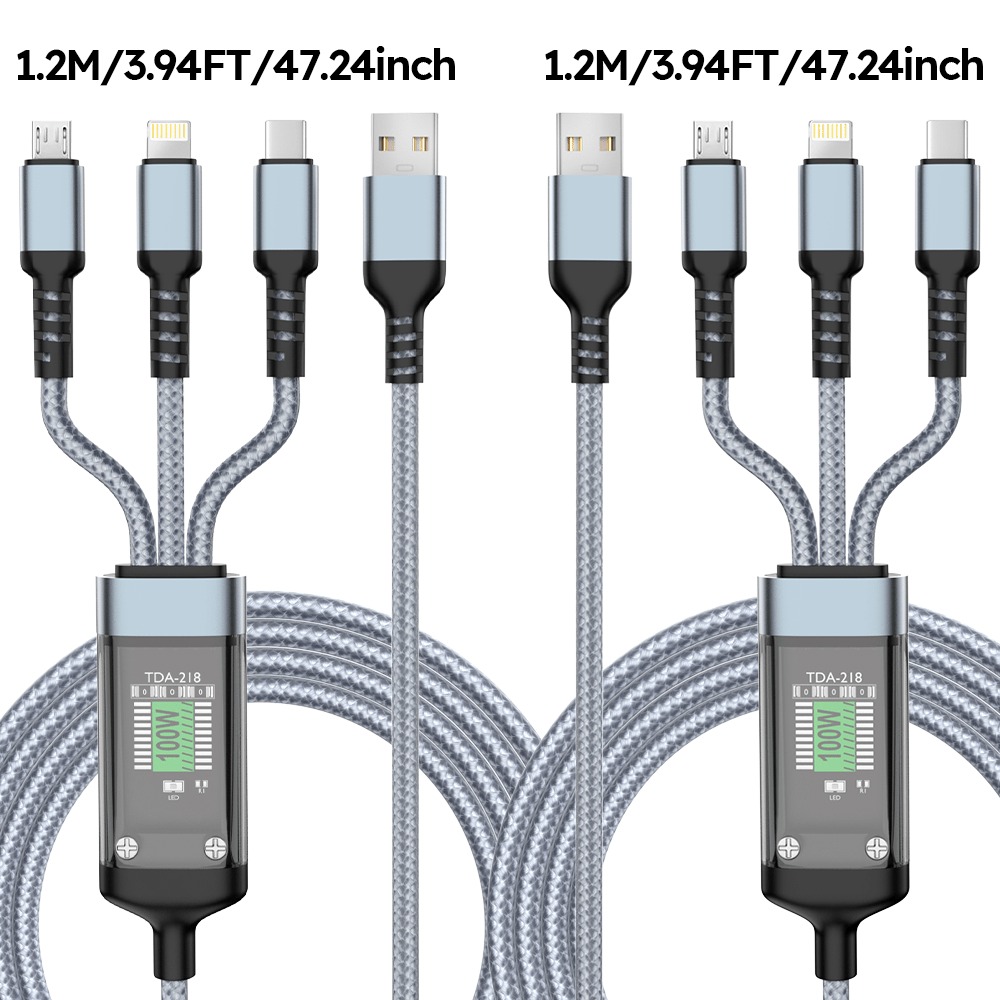 TEMU 2pcs, 3-in-1 Led Display Data Cable Set, 100w Fast Charging, Nylon Braided Cable, With Type-c, Micro-usb, Interfaces, Suitable For Iphone, ,