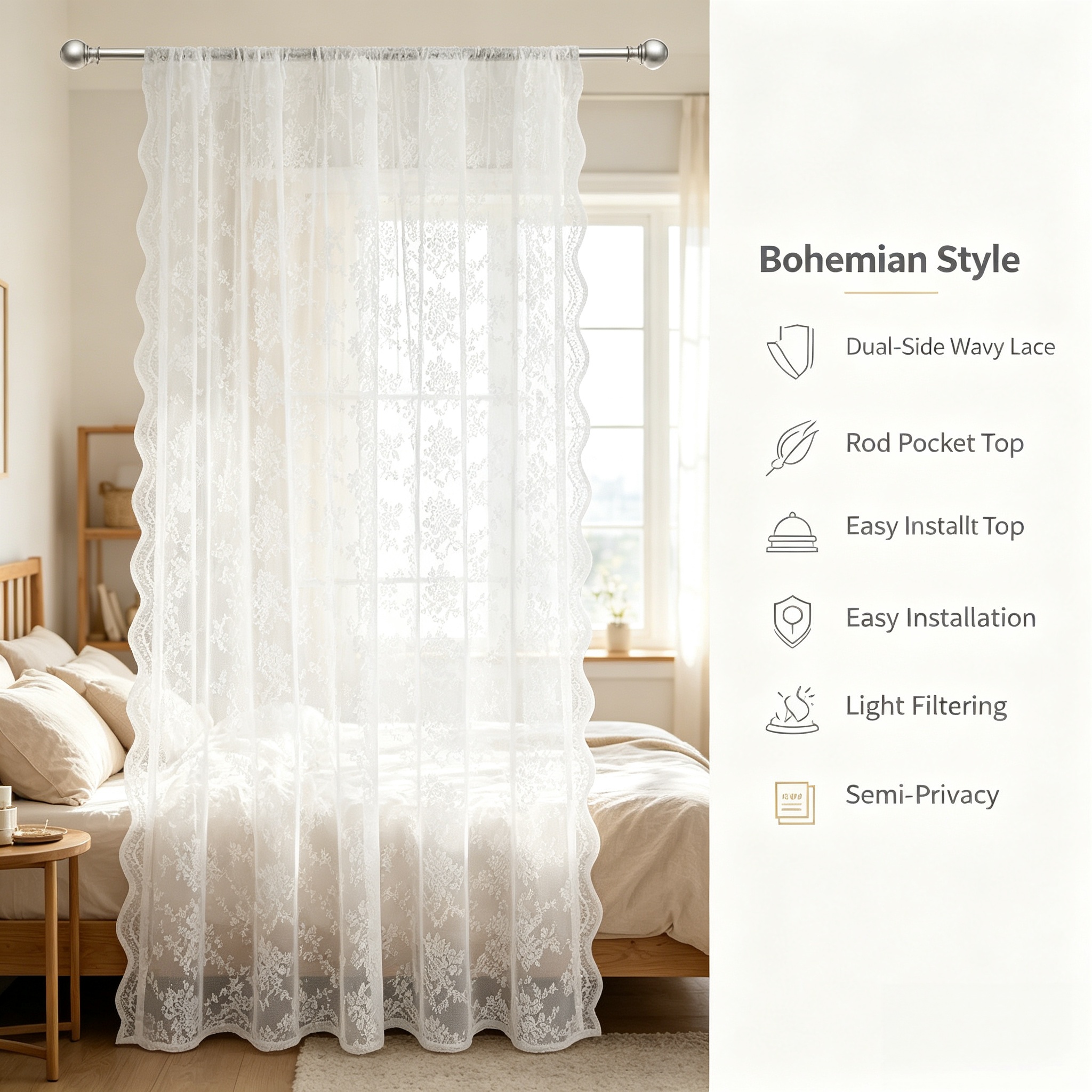 TEMU Bohemian Style Double-sided Lace Sheer Curtains, Floral Lace Light Privacy Drapes, Lightweight Flowing Edge Lace Curtains, Suitable For Bedroom
