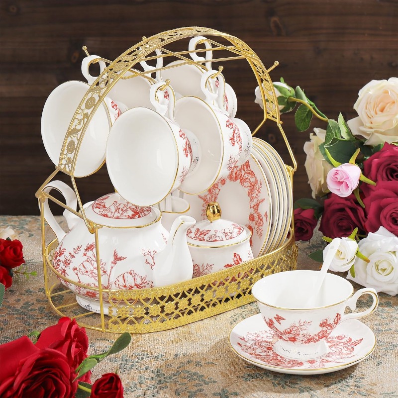22pcs vintage red floral porcelain tea set with golden-rimmed white & pink bone china tea service,   & storage holder - wedding, birthday, anniversary gift for women, tea party, everyday use - durable & safe mineral-based porcelain, complete set with teapot, 6 cups, saucers, sugar bowl, milk jug & spoons, tea accessories, chinese tea pot, tea cup, magical teapot, tea strainer Product details 4