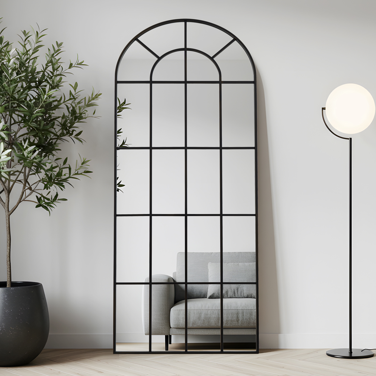 Image of Arched Windowpane Full Length Mirror With - Vertical Full-body Mirror Suitable For Bedroom, Living Room, Entrance - & Hanging Installation, Style Arched Window Mirror