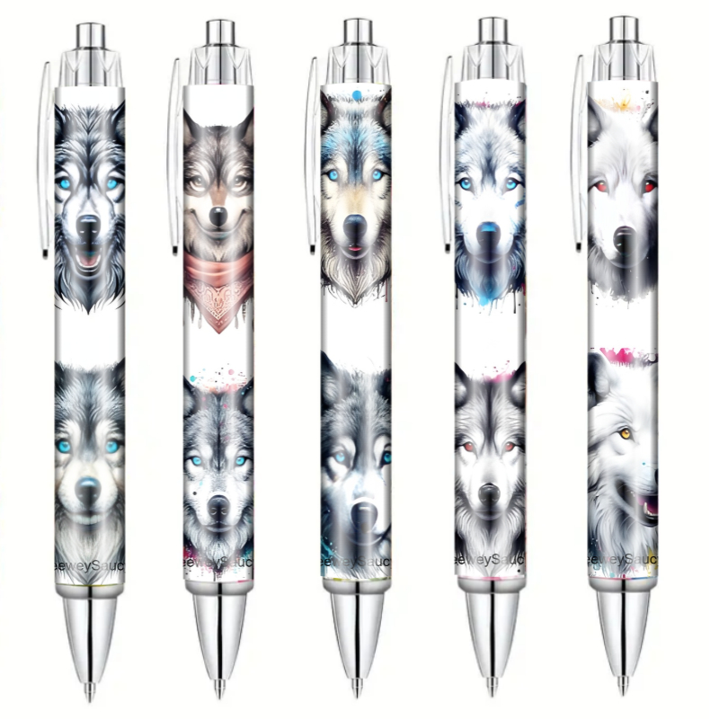 Image of 5pcs Wolf Ballpoint Pens, Creative Reward Gift, Cute Retractable Ink Pens, Perfect Gift For , , And Office Use