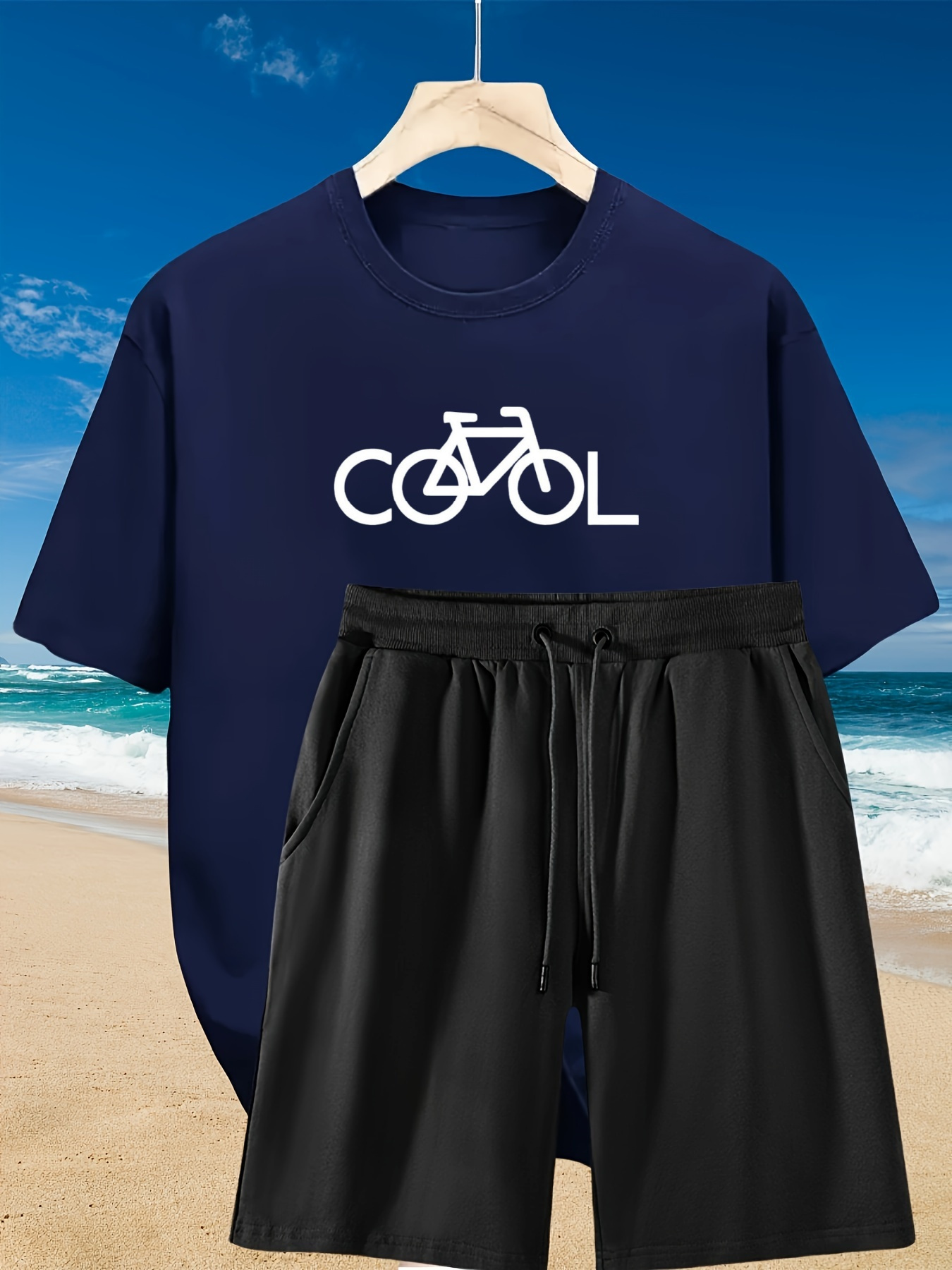 2pcs Men's Summer Casual Outfit: Relaxed Fit Cotton T-Shirt & Drawstring Shorts Set -Bike Printed - Sporty, Comfortable, Beach-Ready, Summer Shorts, for Daily & Weekend Casual Wear