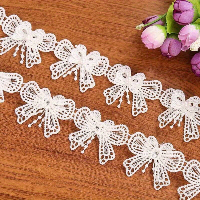Image of 1 Yard Elegant White Bow And Pearl Bead Lace Ribbon Decoration - Embroidered Polyester Patch For Weddings, Bridal Dresses, And Clothing Embellishments, Width 1-5mm, Wedding Accessory