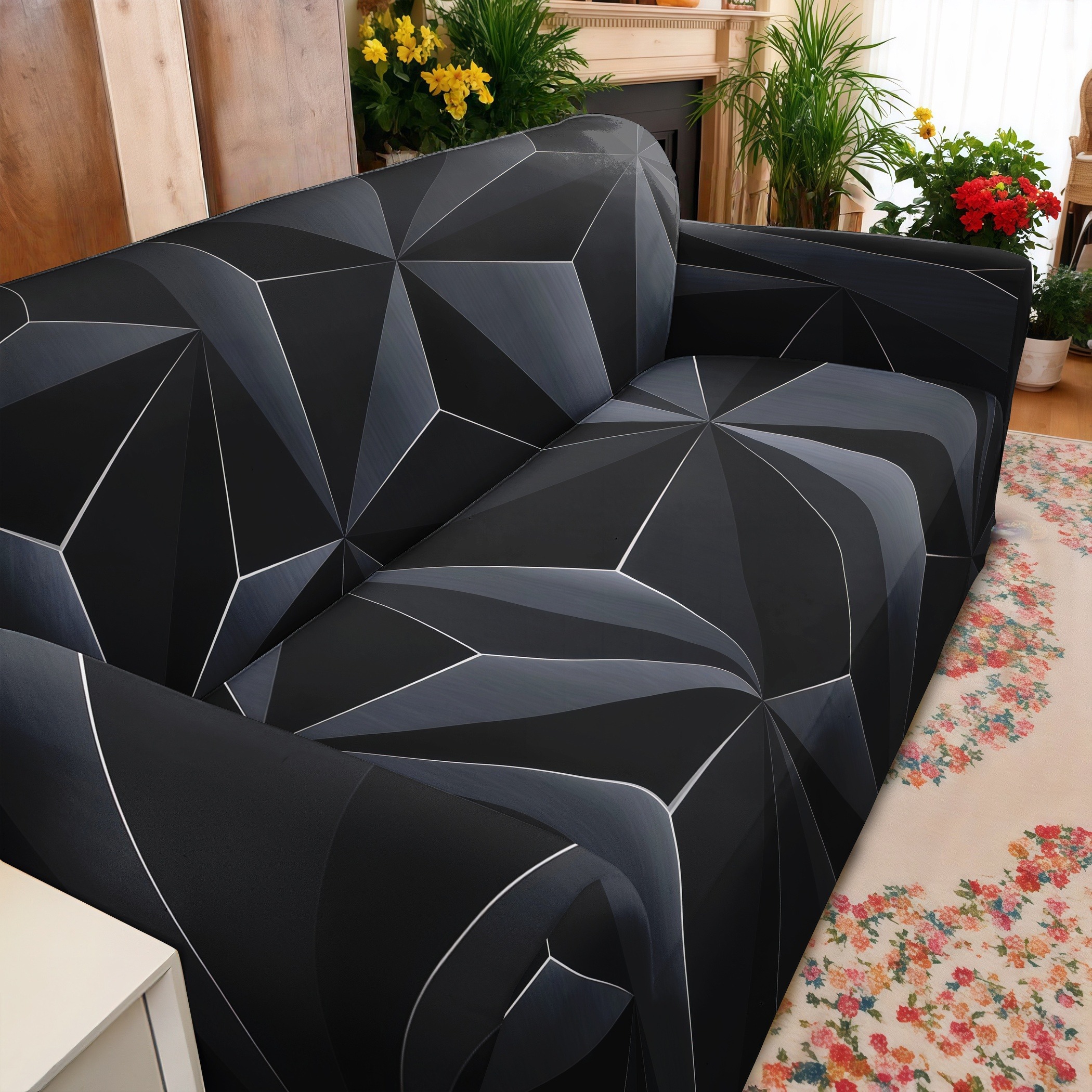 TEMU A Full-cover Sofa Cover - Featuring A Black Three-dimensional Irregular Geometric Pattern Print, Suitable For Living Rooms, Bedrooms, Cafes, And