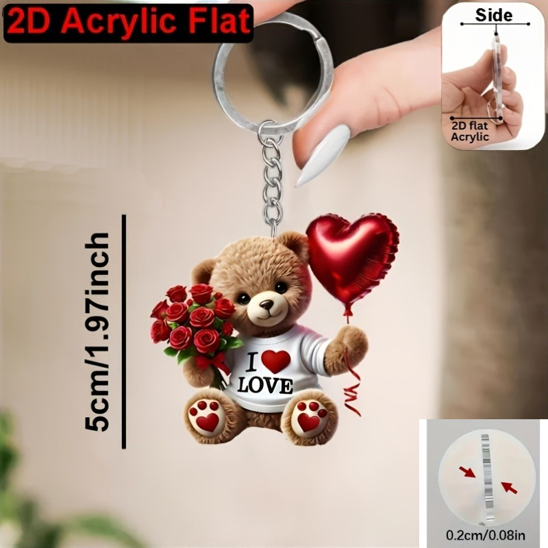 TEMU [2d Flat] [2d Flat] 2d Plane 2d Plane, With Rose And Heart Balloon Teddy Bear Keychain, Bohemian Acrylic Keychain, Suitable For Backpack And Car