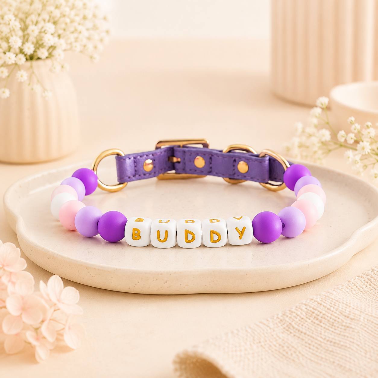 TEMU Personalized Beaded Pet Collar With Custom Name & Color - Adjustable Pu Collar Suitable For Puppy Kitten, Colorful Bead Id Tag Necklace, Custom