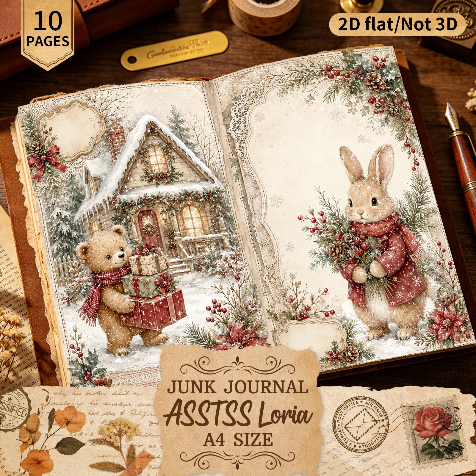 TEMU ASSTSSLORIA 10 Feuilles A4 Papier Décoratif 2D Plat Scène de Neige de Noël avec Animaux, Papier Artisanal pour et Loisirs Créatifs Décoratifs,