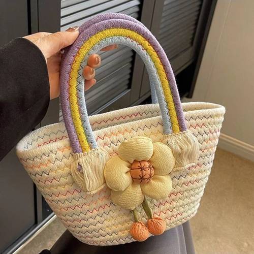 1pc sunflower rope woven cloud bag hand held woven bag trendy rainbow bag rope bag casual western style woven bag tc