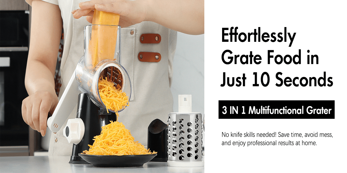 Hand-Cranked Rotary Cheese Grater | for Shredding Fresh Cheese, Vegetables, And Nuts, Metal, Non-Slip Suction Base, Includes Three-Blade Cleaning Brush