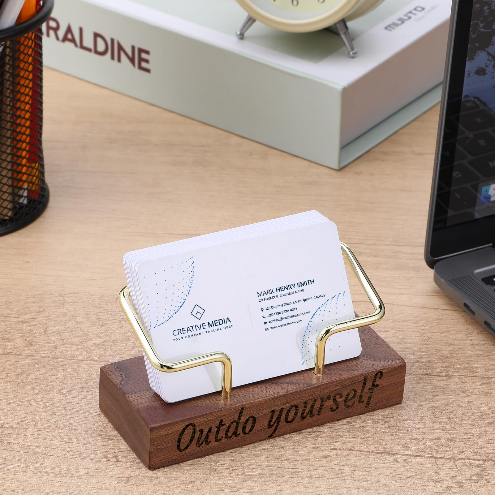 Personalized Wooden Business Card Holder - Custom Engraved Name & Company - Elegant Desktop Organizer with Golden Accents - Professional Gift for Executives, Weddings, Anniversaries, Christmas, Valentine'S Day - Durable Iron Material, Business Card Holder for Desk, Executive Gift Item, Sophisticated Design, Quality Craftsmanship, gift purchasing for boyfriend for christmas in and morocco., Desktop Organizer, Elegant Storage, Business Stationery, Professional Accessory, Customized