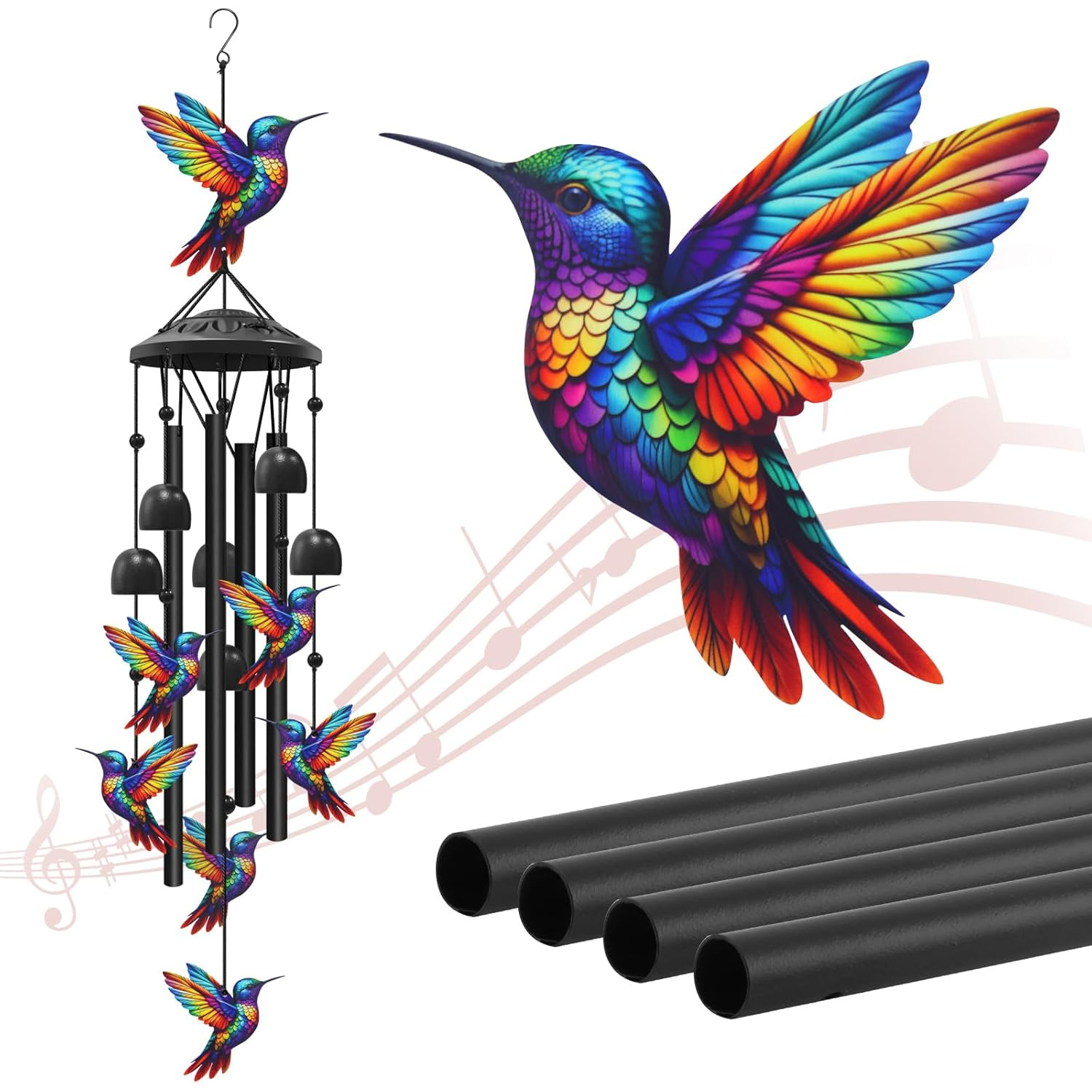 TEMU Hummingbird Wind Chimes For Outside Black Metal, Durable, Ideal For Garden/yard Decor, Perfect Gift For Women/men, Grandma/mom, Memorial/birthday, No Electricity Needed