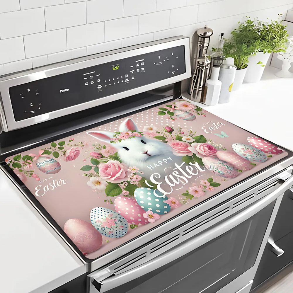 TEMU 1pc Easter Stove Cover Protector | Easter Bunny With Flowers And Decorated Eggs Pattern, 28.3x20.4in, Easy To Clean For Kitchen, Washing Machine, Dryer, Stovetop Panel Protector
