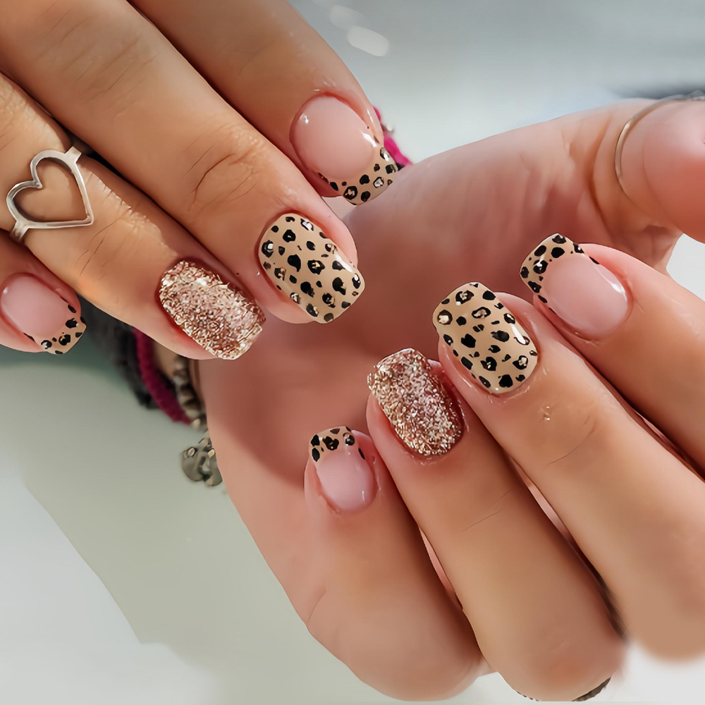 TEMU 24pcs European Short Square Nails French Leopard Sweet Cool Glossy Press-on Nails Sparkling Glitter Y2k Style Turtle Shell Wearable Nails