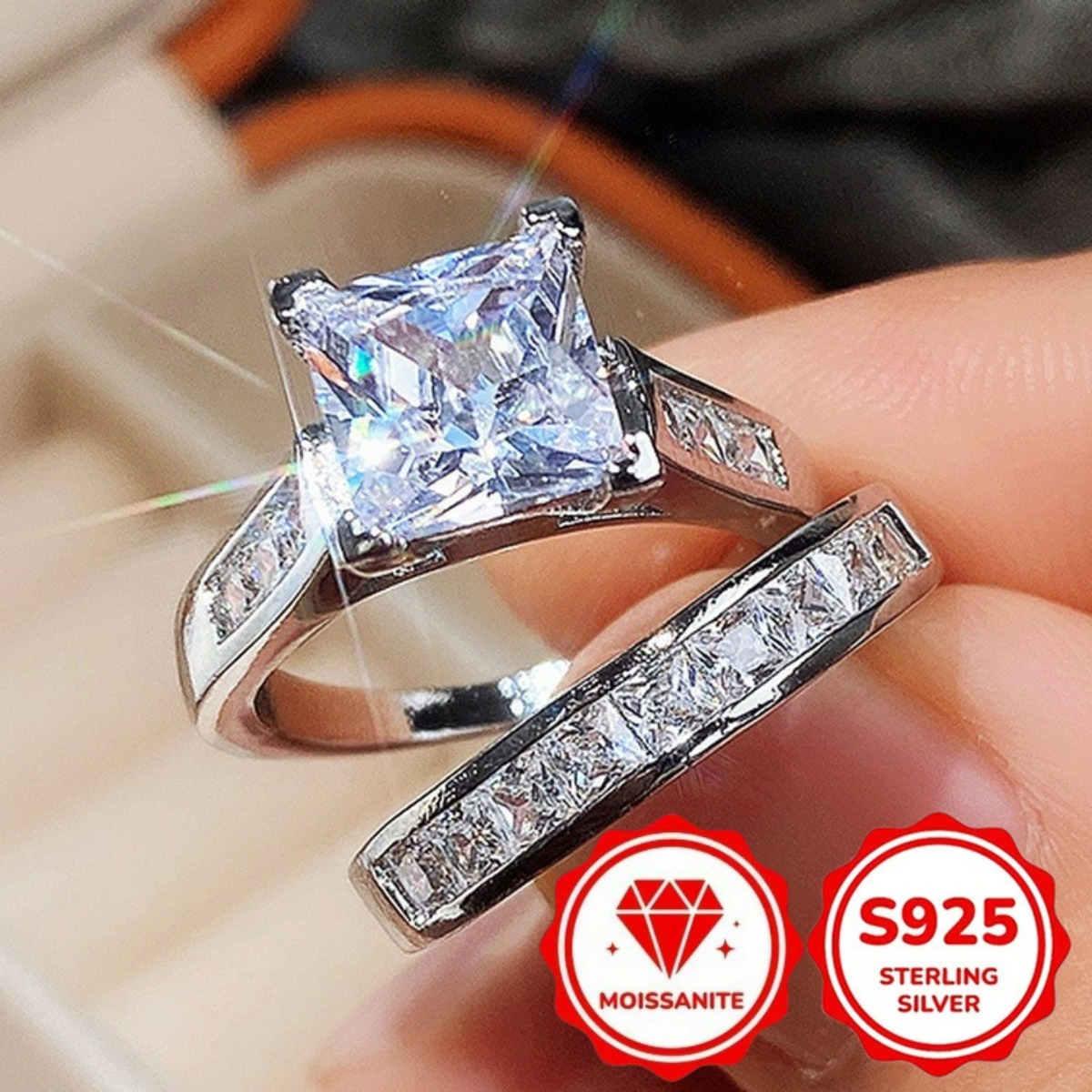 TEMU 2 bagues en argent S925 pour femmes, 1 paire de bagues en Moissanite, ensemble de bagues, bagues polyvalentes tendance, cadeaux , cadeaux pour