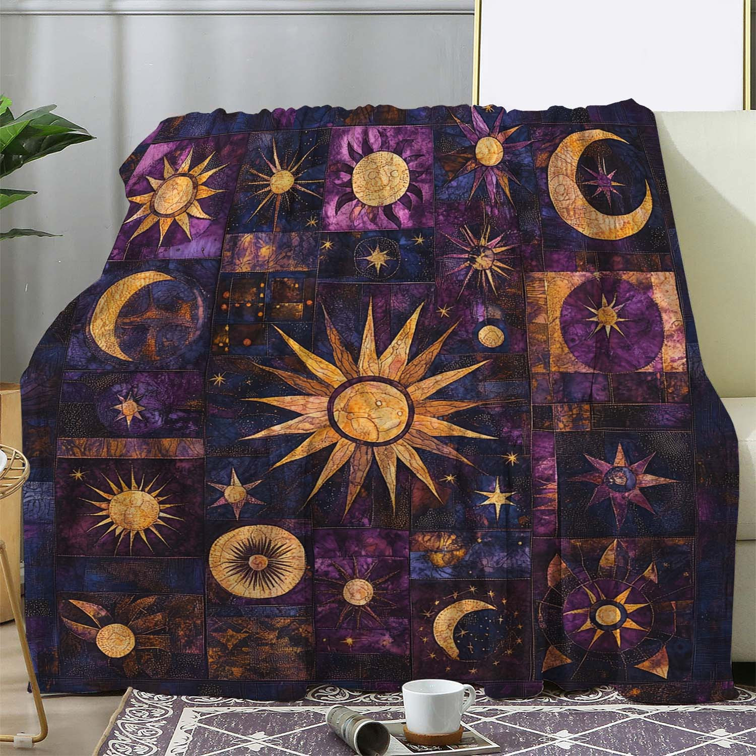 TEMU 1pc Flannel Blanket, Blanket With Sun, Moon, And Star Prints, Warm, Comfortable, And Soft Blanket, Suitable For Sofa, Bed, Car, Office, Camping,