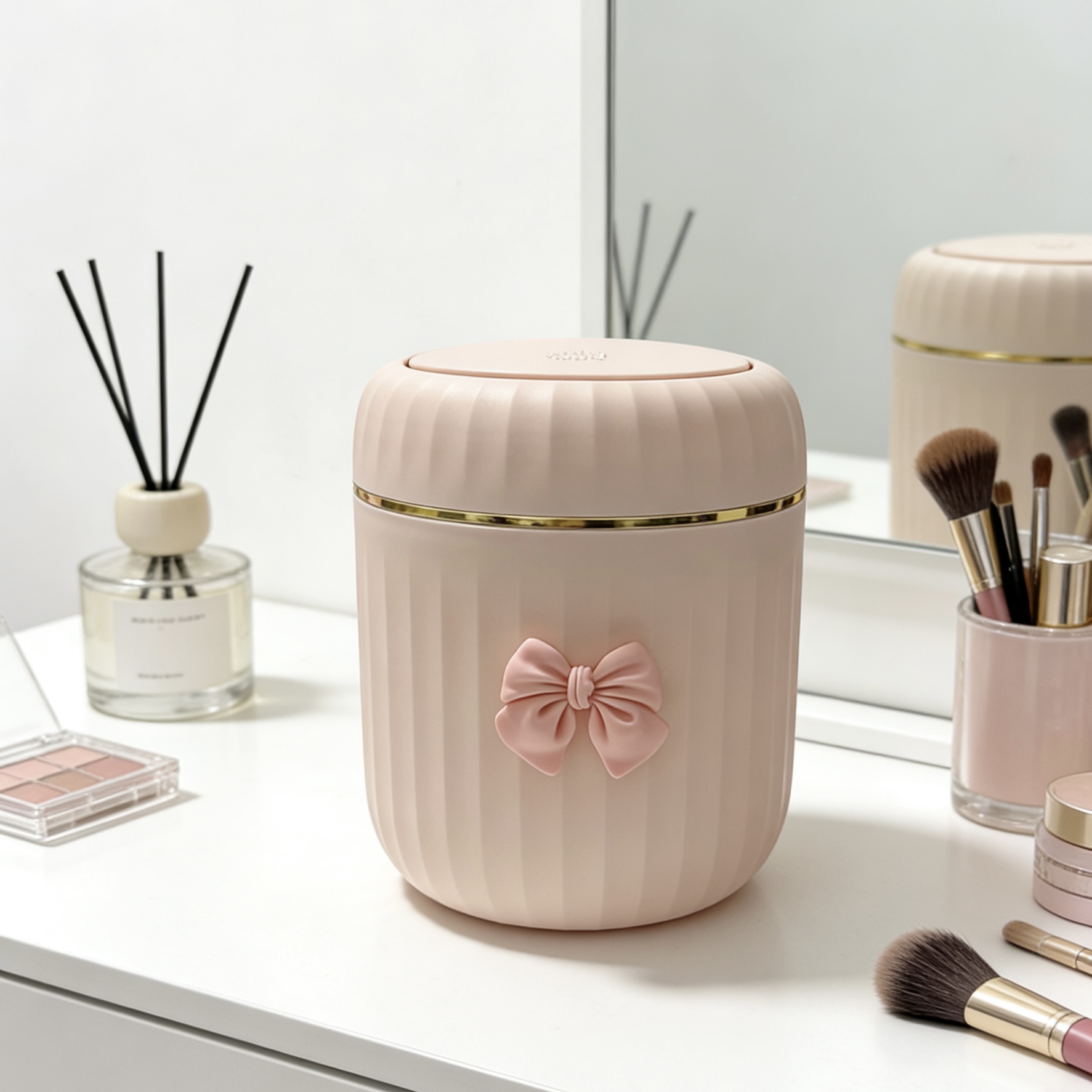TEMU Portable Foot-activated Trash Can, Lid And Bow Decoration - No Power Needed, Suitable For Office, Living Room, Or Desktop Storage, Home Desktop